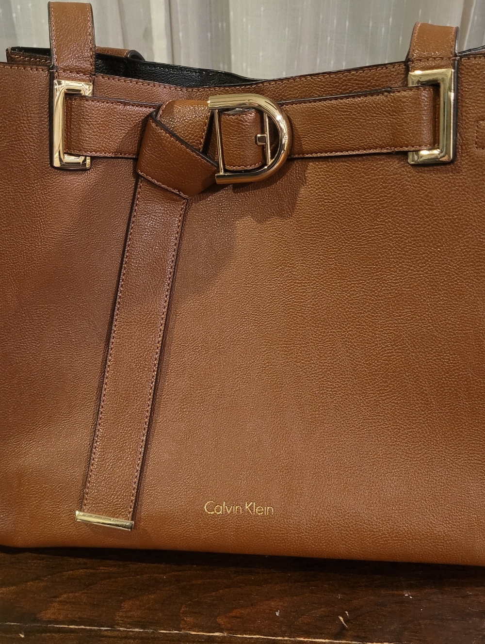 Calvin Klein Brown Shoulder Bag Tote Carry-all Gold Accent With Clip-in Pouch